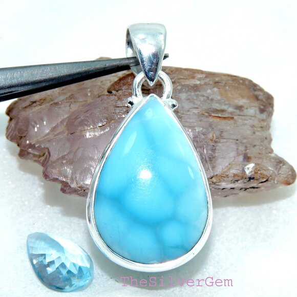 Larimar Sterling Silver Pendant Necklace, Handmade Silver Larimar Pendants - Picture 4 of 4